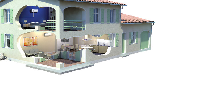 Maison en coupe avec des unités intérieures de climatisation dans plusieurs pièces
